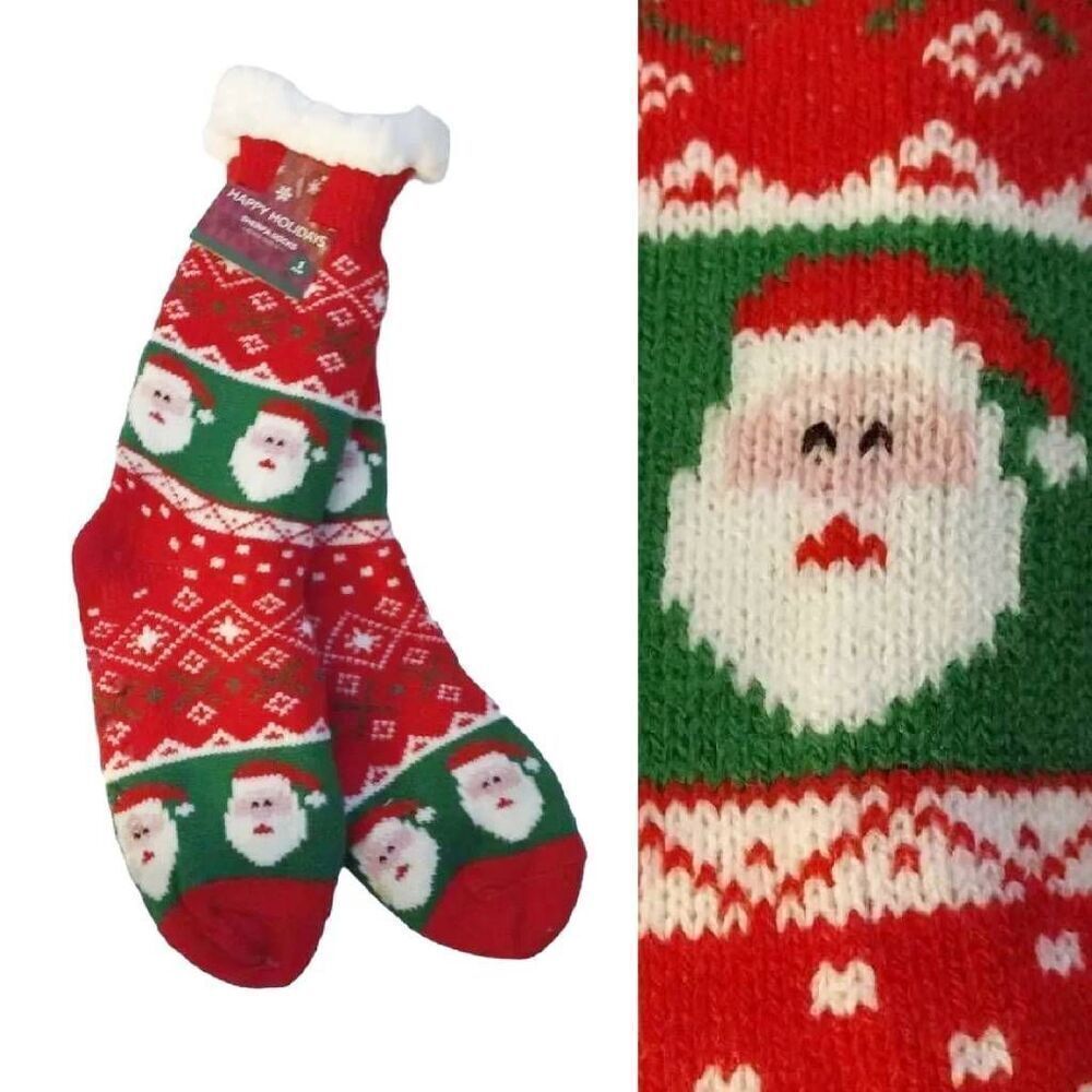 Happy Holidays Festive Santa Knitted Sherpa Lined Bootie‎ Socks NWT